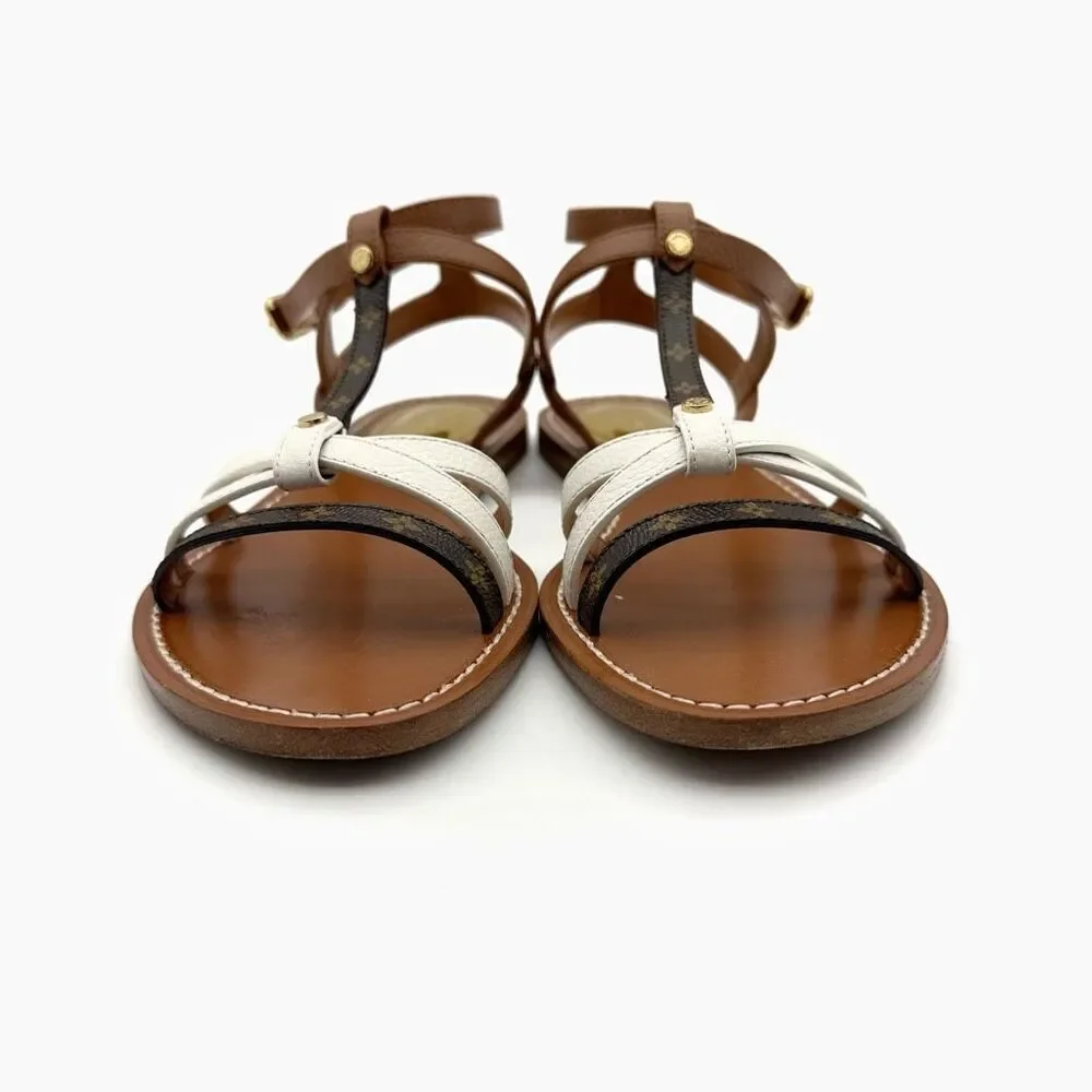 LOUIS VUITTON Explorer Flat Sandal Size 37 Cognac Brown White Monogram Flower